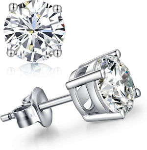 Men Stud Earrings, 18K White Gold Plated 4 Pong round CZ Earrings, 925 Sterling Silver Stud Earrings for Women/Men 3MM-8MM Available